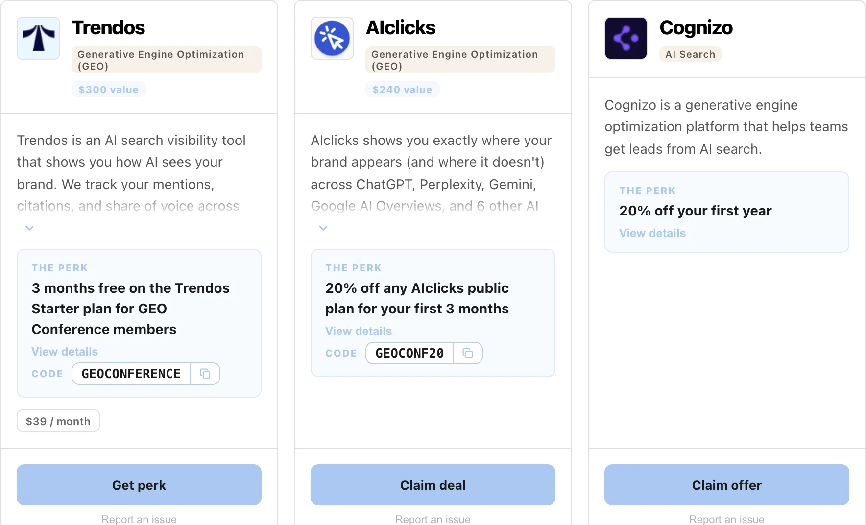 A branded perks portal: a row of software perk cards with offers and claim buttons